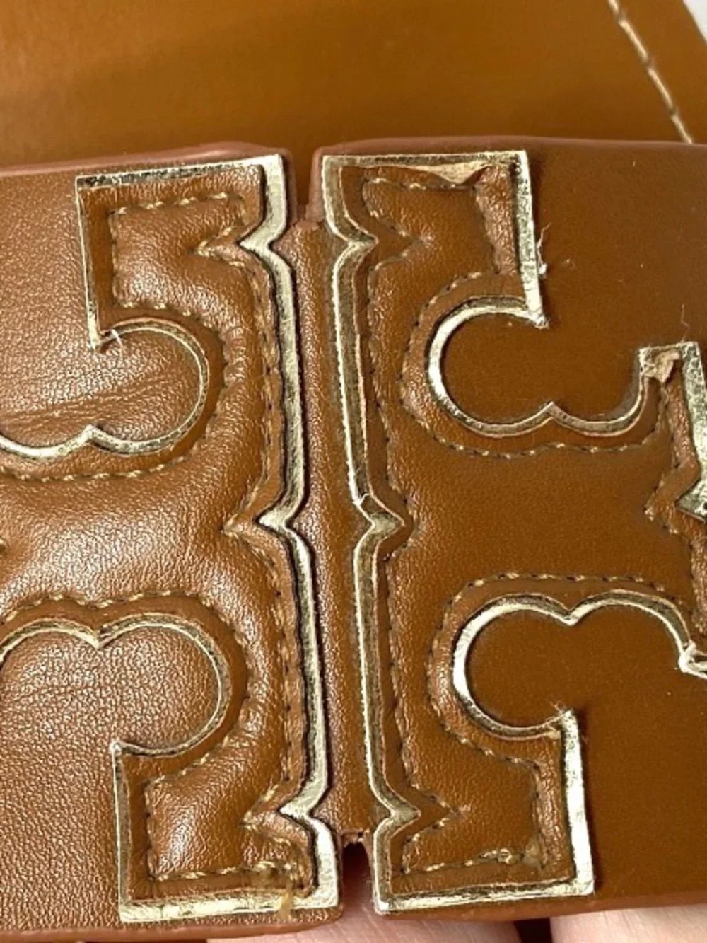 Tory Burch Ines Large Logo Slide Leather Flat Sandals Brown Gold EUR 40 / US 10